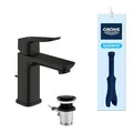 Produktbild: GROHE Dice, Waschtischarmatur, wassersparend (Wasserhahn für das Bad, Badarmatur mit Zugstangen-Ablauf, 15cm hoch, mit 3in1 Werkzeug, einfache Installation am Waschbecken), mattschwarz, 1018562430