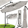 Produktbild: tillvex Alu Ampelschirm Taupe LED Solar Ø 300 cm mit Kurbel | Sonnenschirm mit An-/Ausschalter | Gartenschirm UV-Schutz Aluminium | Kurbelschirm mit Ständer Marktschirm wasserdicht