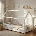 Produktbild: ecomi® Kinderbett 90x200 Bodenbett Kinder Bett Hausbett mit Rausfallschutz und Lattenrost für Kinder Kinderbetten für Mädchen und Jungen Massivholz Kiefer in Weiß