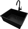 Produktbild: PRIMAGRAN Unterbauspüle Granit Alles Schwarz 56x47cm, Spülbecken 1 Becken + Küchenarmatur 32x20cm + Ablauf-Set, Granitspüle ab 60er Unterschrank - London