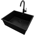 Produktbild: PRIMAGRAN Unterbauspüle Granit Alles Schwarz 56x47cm, Spülbecken 1 Becken + Küchenarmatur 32x20cm + Ablauf-Set, Granitspüle ab 60er Unterschrank - London S181