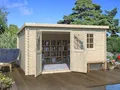 Produktbild: Woodtex Blockbohlenhaus | 28 mm Wandstärke | BxTxH: 398 x 309 x 204 cm | Doppeltür mit Echtglas | Sockelmaß: 398 x 298 cm | Fichte | Naturbelassen | wetterfest