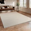 Produktbild: MY-RUG Handgewebter Fleckerlteppich aus Baumwolle | Flickenteppich in Handarbeit gewebt | Chindi-Teppich Bettvorleger wendbar, weich & strapazierfähig | Unikat | Avani, beige, eckig 110 x 60 cm