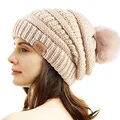 Produktbild: REDESS Damen Winter Pom Pom Beanie Mütze mit warmem Fleece gefüttert, Dicker Slouchy Snow Knit Chunky Baggy Skull Ski Cap