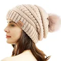 Produktbild: Damen Winter Pom Pom Beanie Mütze mit warmem Fleece gefüttert Dicker Slouchy ...
