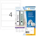 Produktbild: HERMA 4291 Ordnerrücken Etiketten kurz breit, 100 Blatt, 192 x 59 mm, 4 pro A4 Bogen, 400 Stück, selbstklebend, bedruckbar, blickdicht, blanko Papier Ordneretiketten Rückenschilder Aufkleber, weiß