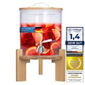 Produktbild: Premium Getränkespender mit Zapfhahn aus Edelstahl & Bambus-Ständer – 5L Wasserspender Glas für eiskalte Erfrischungen – Auslaufsicheres Bowle Gefäß mit Deckel für Party, Kinder, Limonade & Saft