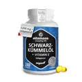 Produktbild: Ägyptisches Schwarzkümmelöl mit Vitamin E, 240 vegane Kapseln, Komplex mit 1010 mg pro Tag (Nigella sativa), Kaltgepresst, Hochdosiert, Sorgfältig Laborgeprüft, Produziert in Deutschland.