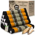 Produktbild: livasia Thaikissen mit 1 Auflage - 75x50x8cm - Dreieckskissen mit Sitzkissen, Keilkissen mit Kapok, Rückenkissen faltbar, Thaimatte zum Klappen, handgefertigt, Meditationskissen (Schwarz/Orange)