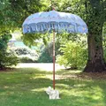 Produktbild: Oriental Galerie Sonnenschirm Bali Schirm 180 cm Hellblau Gold Bemalung Fransen Gartenschirm Baumwolle Sonnenschutz Handarbeit Dekoschirm Model Sophie