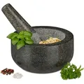 Produktbild: Relaxdays - Granit Mörser mit Stößel, robust & langlebig, Gewürze, Kräuter, polierter Steinmörser, ø 16 cm, 400 ml, grau