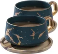 Produktbild: VETIN 2er Set Cappuccino Tassen mit Unterteller, Tasse Marmor 300ml, handgemacht