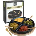 Produktbild: Moritz & Moritz 4x Schwarze Dipschalen Set mit Brett Holz - Dip Schälchen für Snacks - Snack Schalen Set Keramik - Dip Schalen Set - Kleine Schüsseln als Saucenschälchen, Snackschalen, Dessertschalen