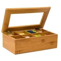Produktbild: Relaxdays Teebox 10019145-408 für Teebeutel, braun, aus Bambus, mit Sichtfenster und Klappdeckel, 28 x 16 x 9 cm, 8 Fächer