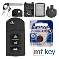 Produktbild: mt-key Auto Klapp Schlüssel Ersatz Gehäuse 3 Tasten + Rohling + VARTA CR1620 Knopfzelle, CR1620 (3 V), für Mazda 2 DE 6 GH CX-7 ER MX-5 NC 3 BL 5 CR Funk Fernbedienung