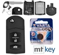 Produktbild: mt-key Auto Klapp Schlüssel Ersatz Gehäuse 3 Tasten + Rohling + VARTA CR1620 Knopfzelle, CR1620 (3 V), für Mazda 2 DE 6 GH CX-7 ER MX-5 NC 3 BL 5 CR Funk Fernbedienung