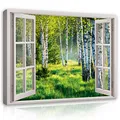 Produktbild: WallArena Leinwand Bilder - Fensterbilck Wald Birkenwald Natur Landschaft - 80x60 cm Leinwandbilder Bild auf leinwand Wandbild XXL groß Wandbilder für Wohnzimmer Schlafzimmer Wohnzimmerbilder Modern