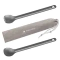 Produktbild: Navaris 2er Set Titan Besteck extra lang - 2in1 Outdoor Göffel Spork und Camping Löffel inkl. Tasche - Gabel Löffel Essbesteck Kombi - Reisebesteck