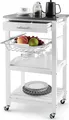 Produktbild: COSTWAY Kleiner Küchenwagen, Servierwagen auf Rollen, Arbeitsplatte aus Edelstahl, Schublade, Korb & abnehmbarem Serviertablett, Rollwagen Kücheninsel, Küchentrolley Landhausstil Weiß, 47x39x85cm