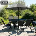 Produktbild: VORTIVO 8-teiliges Gartenmöbel-Set für 6 Personen mit Sonnenschirm – stapelbare Stühle, Tisch mit Glasplatte – wetterfest – Schwarz