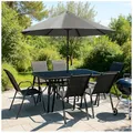 Produktbild: VORTIVO 8-teiliges Gartenmöbel Set | Sitzgruppe für 6 Personen mit Sonnenschirm – Tisch mit Glasplatte Stühle stapelbar – wetterfeste Essgruppe für Garten, Balkon & Terrasse – Schwarz
