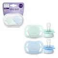 Produktbild: Philips AVENT Ultra Start Schnuller, kiefergerecht geformter Schnuller für Neugeborene, BPA-frei, mit Sterilisations-,Transportbehälter, Doppelpack, grün,blau, Modell SCF075/02