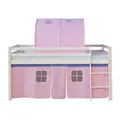 Produktbild: Homestyle4u Kinderbett 90x200 Weiß Hochbett mit Treppe Tunnel Vorhang Rosa Bettgestell Massivholz Kiefer