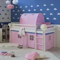 Produktbild: Hochbett 90x200 Kinderbett Weiß Holz Stockbett Vorhang Tunnel Rosa Homestyle4u