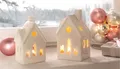 Produktbild: 2 Teelicht Häuser Set Lichthaus Keramik Weiss Winter Deko Fenster Advent 15/13cm