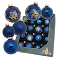 Produktbild: Krebs Glas Lauscha Weihnachtskugeln Sortiment - Dunkle Nacht Schneeflocken Blau - 16-teiliges Baumschmuckset mit glänzenden und matten Kugeln für Festliche, Elegante Weihnachtsbäume