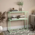 Produktbild: skølm Skadi Konsolentisch - Metallregal grün für Wohnzimmer - Flurtisch schmal 80x28x80 cm - Sofatisch mit Ablage - Schmales Regal Metall mit Stauraum - Beistelltisch mit verstellbaren Füßen