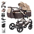 Produktbild: Daliya® BAMBIMO 3in1 Kinderwagen & Buggy Set mit i-Size Babyschale (ECE R129) – Kombikinderwagen ab Geburt bis 22 kg, pannensichere Räder, Federung, höhenverstellbar (Braun - Rahmen Gold)