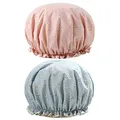 Produktbild: G2PLUS 2 Stück Duschhaube Damen Wasserdicht Wiederverwendbar 32CM Doppelschicht Duschkappe,Rosa und Blau Haarhaube für Salon,Spa,Reise,Hotel,Dusche