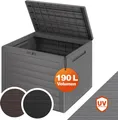 Produktbild: CASARIA® Gartenbox 190L UV-beständig Griffmulden Verschlussvorrichtung Balkon Terrasse Wohnzimmer Wintergarten Box Kissenbox 78x44cm Holz-Optik Grau