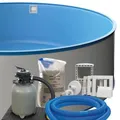 Produktbild: Stahlwand Rundpool-Set Ø 3,50 m x 1,20 m, Pool Made in Europe, Blaue UV-beständige Innenhülle 0,6 mm, SF128 Sandfilteranlage mit 4 m³/h, Einbauskimmer, Filtersand, Poolschlauch