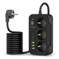 Produktbild: Tech-Protect PC3X6 Steckdosenleiste mit 3 Steckdosen, 3x USB-A und 3x USB-C, 200 cm – Schwarz