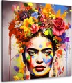 Produktbild: Frida buntes Portrait mit Blumen Pop Art Leinwandbild Wandbild Wanddeko: 120x120x4cm