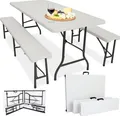 Produktbild: Devillo® klappbare Bierzeltgarnitur 3-teilig weiß – Tisch 180x74 cm + 2 Bänke – wetterfest – pflegeleicht – ideal für Garten Camping Terrasse Balkon – Outdoor Sitzgruppe mit Griff