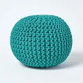 Produktbild: Homescapes Pouf Strickpouf rundes Bodenkissen, Sitzpouf 35 x 40 cm, gepolsterter Sitzhocker, Sitzpuff/Puff mit grob gestricktem Bezug aus 100% Baumwolle, Strickpuff, blaugrün/Petrol