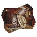 Produktbild: ABAKUHAUS Western Platzmatten, Authentische American West Rodeo Elemente Mit Antiken Zubehör Retro Artwork Foto, Waschbare Stoff Esszimmer Küche Tischdekorations Digitaldruck, Beige Braun