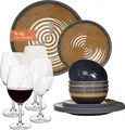 Produktbild: Melamin Camping Geschirr Set 4 Personen Stone Curry + 4 Tiamo Rotwein Gläser Rot Weingläser Tafelgeschirr Picknick BBQ Kochgeschirr