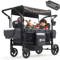 Produktbild: Sekey Bollerwagen Kinder Zwillingsmodus, Bollerwagen Faltbar mit Dach 2 Kinder, Duo Schiebegriff Kinderwagen Doppelsitz mit 2 integrierten 5-Punkt-Gurtsystem, Zwillingskinderwagen (Schwarz, Premium)