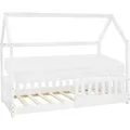 Produktbild: ML-Design Kinderbett 80x160 cm mit Matratze, Rausfallschutz, Dach und Lattenrost, Weiß, Hausbett aus Kiefernholz Bodenbett Holzbett - Weiß