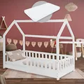 Produktbild: ML-Design Kinderbett 80x160 cm Weiß mit Matratze, Rausfallschutz, Dach und Lattenrost, Spielbett, Hausbett für Mädchen und Jungen, Bettenhaus aus Kiefernholz, Bodenbett Jugendbett Kinderhaus Holzbett