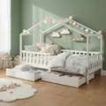 Produktbild: Bellabino Bia Kinderbett 80x160 cm – Hausbett mit Rausfallschutz, Lattenrost & 2 Schubladen – Montessori Kinder Bett aus Massivholz Kiefer – Bett für Jungen und Mädchen mit Stauraum in Weiß