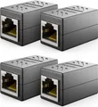 Produktbild: deleyCON 4 Stück RJ45 Kupplung (1000 Mbit) Gigabit LAN Kabel Verlängerung Netzwerkkabel Ethernet Adapter Verbinder Kompatibel zu Cat8, Cat7, Cat6, Cat5 Patchkabel DSL POE 2X RJ45 Buchse - Schwarz