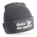 Produktbild: Herzbotschaft Beanie Strickmütze mit Spruch | Geiler Typ mit Glatze | grau | Unisex SoftTouch angenehm weiche und warme Wintermütze | OneSize Einheitsgröße für Erwachsene