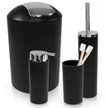 Produktbild: WENKO Bad Accessoire Set Mod. Calvo, 4-teilig, Zahnputzbecher, 380 ml Seifenspender, geschlossene WC-Garnitur inkl. WC-Bürste & 6,5 L Schwingdeckeleimer, schwarzer Kunststoff mit Chrom-Details