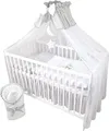 Produktbild: 13 Teiliges Babybett Kinderbett und Bettwäsche komplett Set TIMMI inkl. Matratze höhenverstellbar für Neugeborene Babys und Kleinkinder aus Massivholz (Grau - Teddybär Mond)