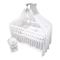 Produktbild: Bello24 - 13 Teiliges Babybett Kinderbett und Bettwäsche komplett Set Timmi inkl. Matratze höhenverstellbar für Neugeborene Babys und Kleinkinder aus Massivholz (Grau - Teddybär Mond)
